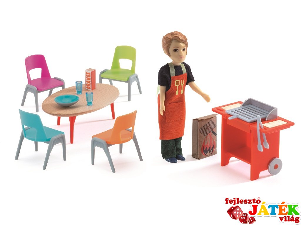 Barbecue parti szett (Djeco, 7829, fa kiegészítő babaházhoz, 4-10 év)