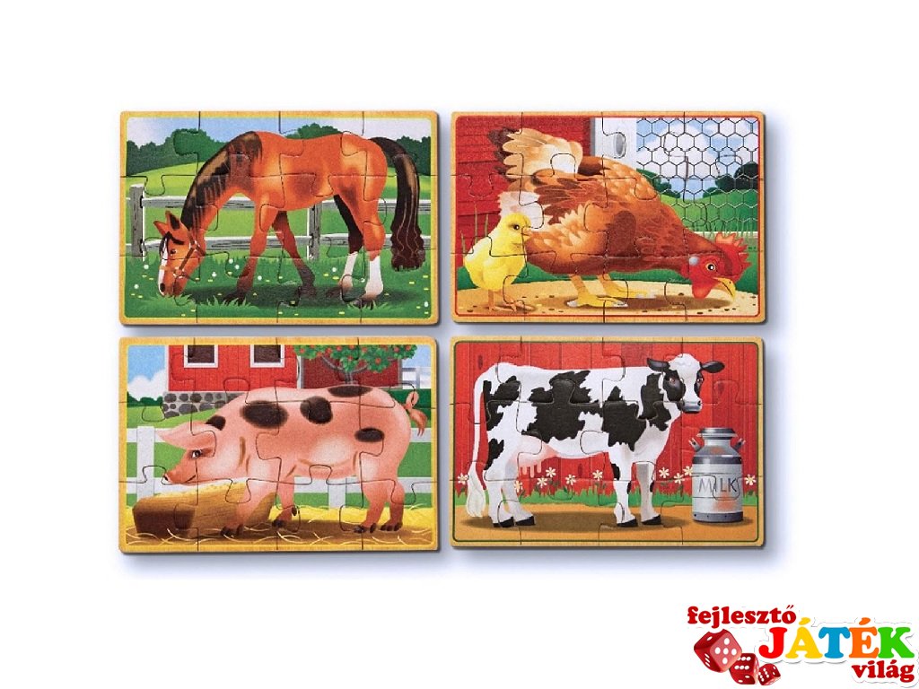 Fa puzzle készlet A farm állatai, Melissa&Doug 4x12 db-os fa kirakó (13793, 3-5 év)