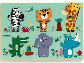 2 db-os puzzle és formaberakó, Vadállatok (Djeco, 1258, 6 féle 2 db-os bébi puzzle, 1-3 év)
