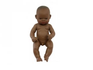 Afrikai fiú baba haj nélkül, 32 cm (31033, miniland, newborn baby doll african boy, babajáték, 3-8 év)