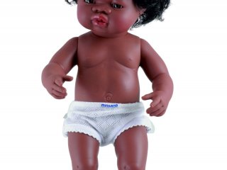 Afrikai lány baba hajjal, 38 cm (miniland, baby doll african girl, babajáték, 3-8 év)