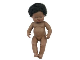 Afrikai lány baba hajjal, 38 cm (miniland, baby doll african girl, babajáték, 3-8 év)