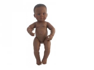 Afroamerikai lány baba haj nélkül, 40 cm (miniland, newborn afroamerican baby girl, babajáték, 3-8 év)