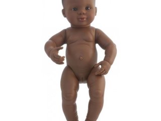 Afroamerikai lány baba haj nélkül, 40 cm (miniland, newborn afroamerican baby girl, babajáték, 3-8 év)