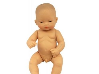Ázsiai fiú baba haj nélkül, 32 cm (miniland, newborn baby doll asian boy, babajáték, 3-8év)
