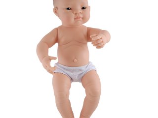 Ázsiai fiú baba haj nélkül, 40 cm (miniland, newborn asian baby boy, babajáték, 3-8 év)