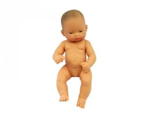 Ázsiai lány baba haj nélkül, 32 cm (miniland, newborn baby doll asian girl, babajáték, 3-8 év)
