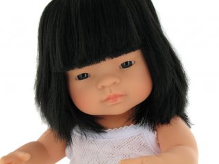 Ázsiai lány baba hajjal, 38 cm (miniland, baby doll asian girl, babajáték, 3-8 év)