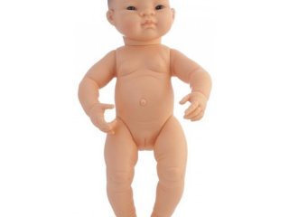 Ázsiai lány haj nélkül, 40 cm (miniland, newborn asian baby girl, babajáték, 3-8 év)