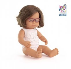Baba fehérneműben, európai Down-szindrómás lány szemüveggel 38 cm, Miniland szerepjáték (31111, 3-8 év)