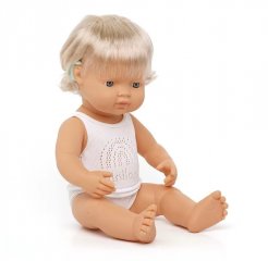 Baba fehérneműben, európai lány hallókészülékkel 38 cm, Miniland szerepjáték (31115, 3-8 év)