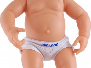 Európai lány baba haj nélkül, 40 cm (miniland, Newborn white baby girl, babajáték, 3-8 év)