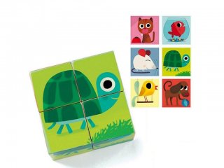 Fa kocka kirakó, Állatok (Djeco, 1901, 6 féle, 4 db-os puzzle, 2-4 év)