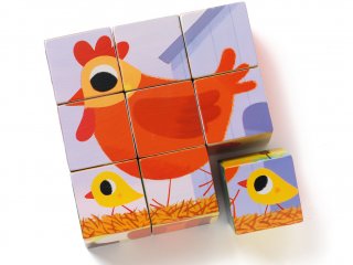 Fa kocka kirakó, Háziállatok (Djeco, 1950, 6 féle, 9 db-os puzzle, 2-5 év)
