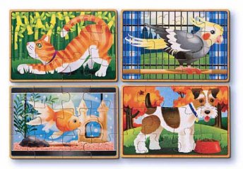 Fa puzzle készlet, házi kedvencek (Melissa Doug, 4x12 db-os kirakó, 2-5 év)