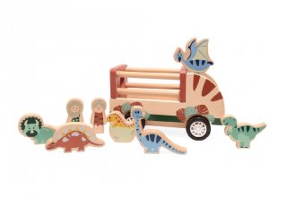 Hátrahúzható dinoszaurusz szállító autó dínókkal, fa szerepjáték (3-7 év)