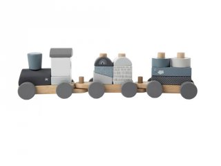 Húzható vonat építőkockákkal Kék, fa készségfejlesztő játék (Label, 25170, 18 hó-4 év)