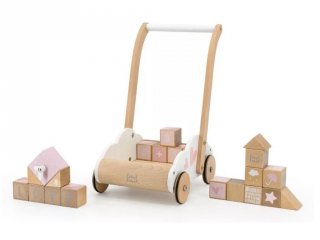 Járássegítő építőkockákkal Rózsaszín, fa mozgásfejlesztő bébijáték (Label, 14394, 1-4 év)