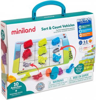 Járműves matekos játék, Miniland fejlesztő készlet, logikai játék (45340, 3-5 év)
