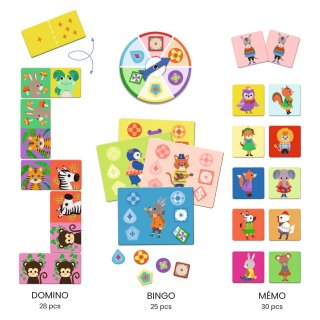Kis barátok 3 az 1-ben Djeco társasjáték - bingó, memória, dominó - 8143 (3-6 év)