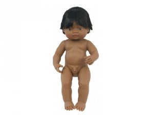 Latin-amerikai fiú baba hajjal, 38 cm (miniland, baby doll hispanic boy, babajáték, 3-8 év)