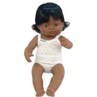 Latin-amerikai lány baba hajjal, 38 cm (miniland, baby doll hispanic girl, babajáték, 3-8 év)