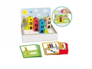 Logikai városépítő feladatkártyákkal, fa készségfejlesztő játék (50200, Goula, 3-7 év)