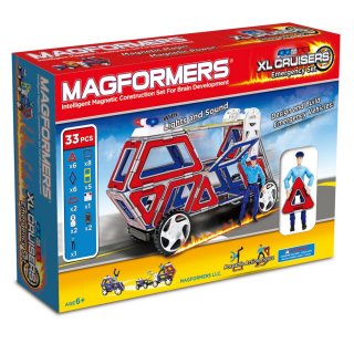 Magformers XL Cruiser Emergency, Szirénázó autók, 26 db-os készlet (különleges, mágneses építőjáték: szirénázó autók, 3-12 év)