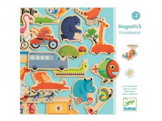 Mágneses fajáték, Vroumbazar (Djeco, 3125, 24 db-os járműves-állatos képalkotó játék, 2-5 év)