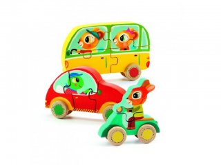 Nagyméretű fa kirakó, Járműves (Djeco, 1250, bébi 3D puzzle, 1-3 év)