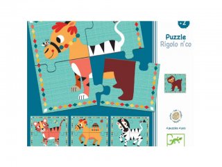 Óriás puzzle, Mókás négylábúak (Djeco, 1556, 4 féle 4 db-os kirakó, 1-3 év)