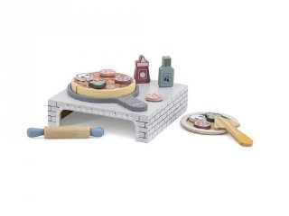 Pizzakészítő szett kemencével és kiegészítőkkel, fa konyhai szerepjáték (FK6810, 3-7 év)