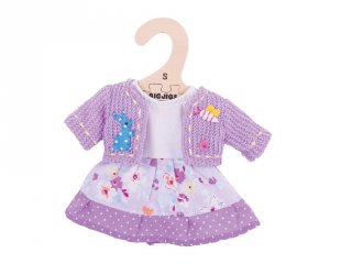 Ruha lila kardigánnal 25 cm-es (Bigjigs, babajáték, babaruha, 3-8 év)