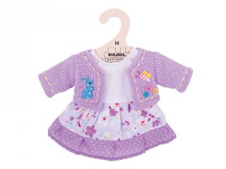 Ruha lila kardigánnal 30 cm-es (Bigjigs, babajáték, babaruha, 3-8 év)