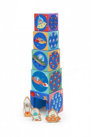 Toronyépítő kocka fa figurákkal Világűr, bébi építőjáték (Scratch, 1-3 év)