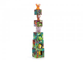 Toronyépítő kocka figurákkal, Dzsungel (Djeco, 9101, állatos építőjáték, 1-4 év)