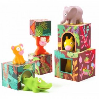 Toronyépítő kocka figurákkal, Dzsungel (Djeco, 9101, állatos építőjáték, 1-4 év)