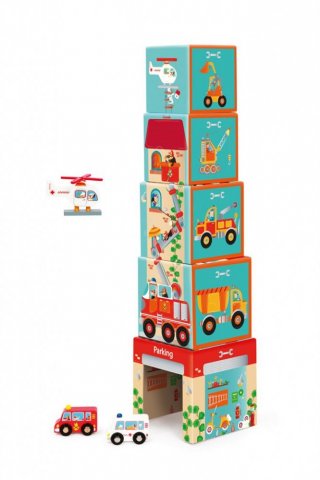 Toronyépítő kocka járművekkel, bébi építőjáték és szerepjáték (Scratch, 1-3 év)