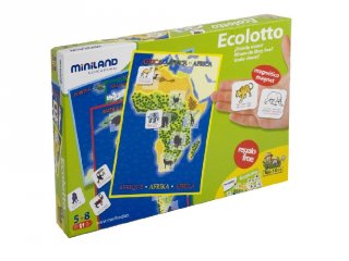 Világ állatai, mágneses lottó (Miniland, 36056, párosító társasjáték, 5-8 év)