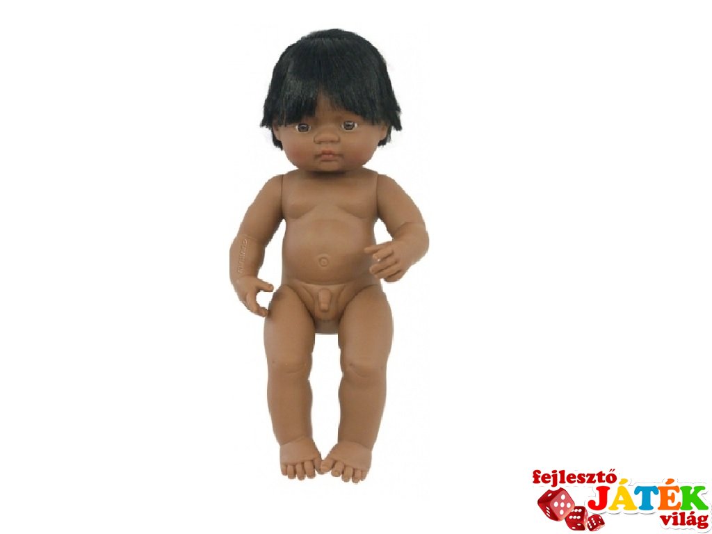 Latin-amerikai fiú baba hajjal, 38 cm (miniland, baby doll hispanic boy, babajáték, 3-8 év)