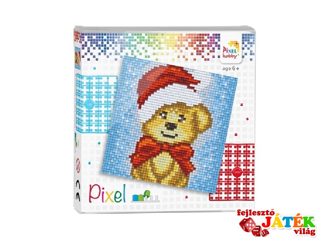 Pixelhobby képkészlet, Mikulás maci (44018, 4db 6x6-os alaplap + színek, 7-99 év)